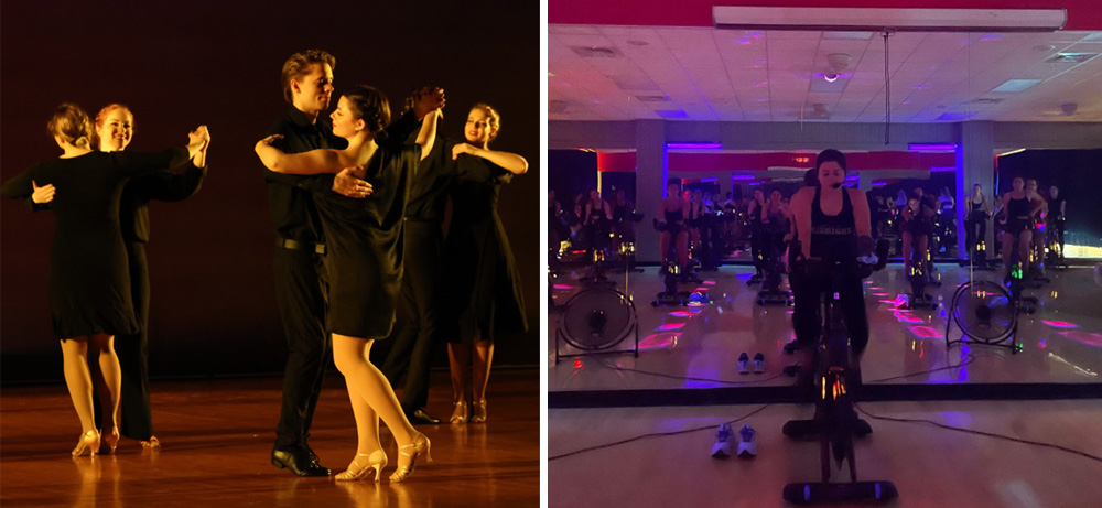 Frankie Barnes ballroom dancing and leading a spinning class.